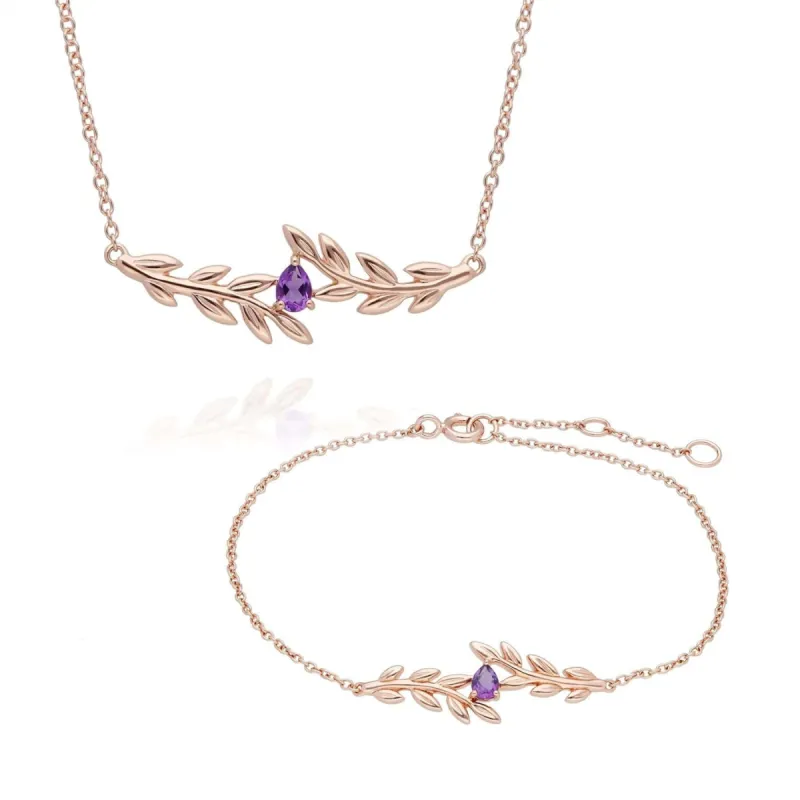 O Leaf Amethyst Necklace & Bracelet Set in 9ct Rose Gold sold by Gemondo Jewellery