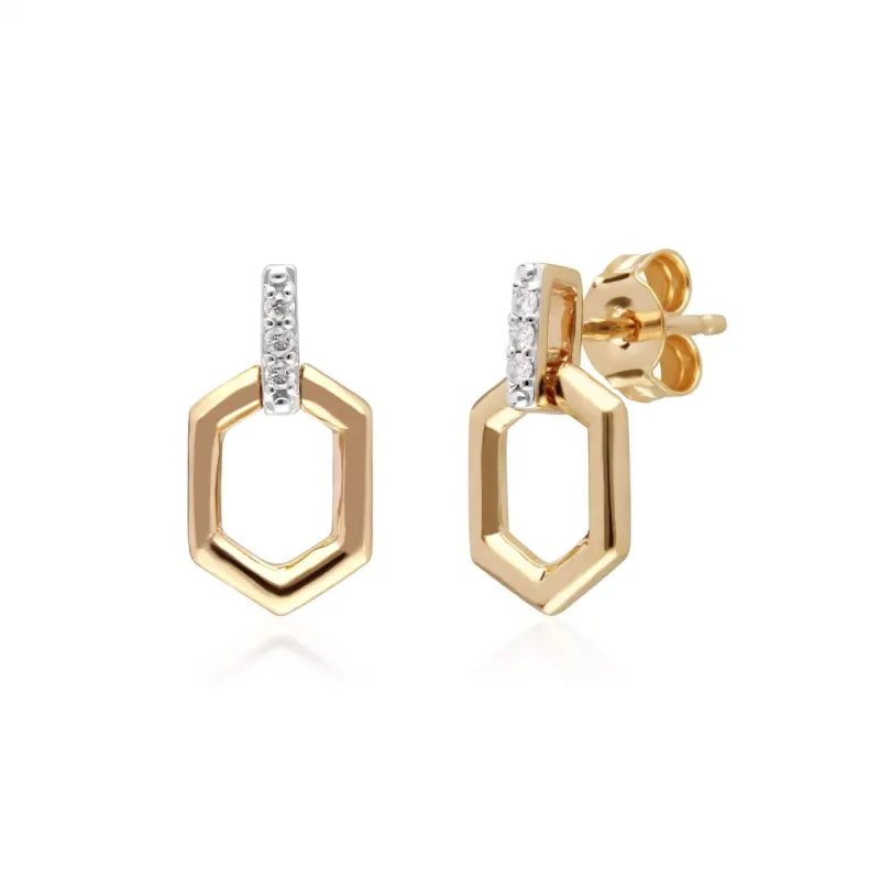 Diamond Pave Hex Bar Drop Earrings in 9ct Yellow Gold sold by Gemondo Jewellery