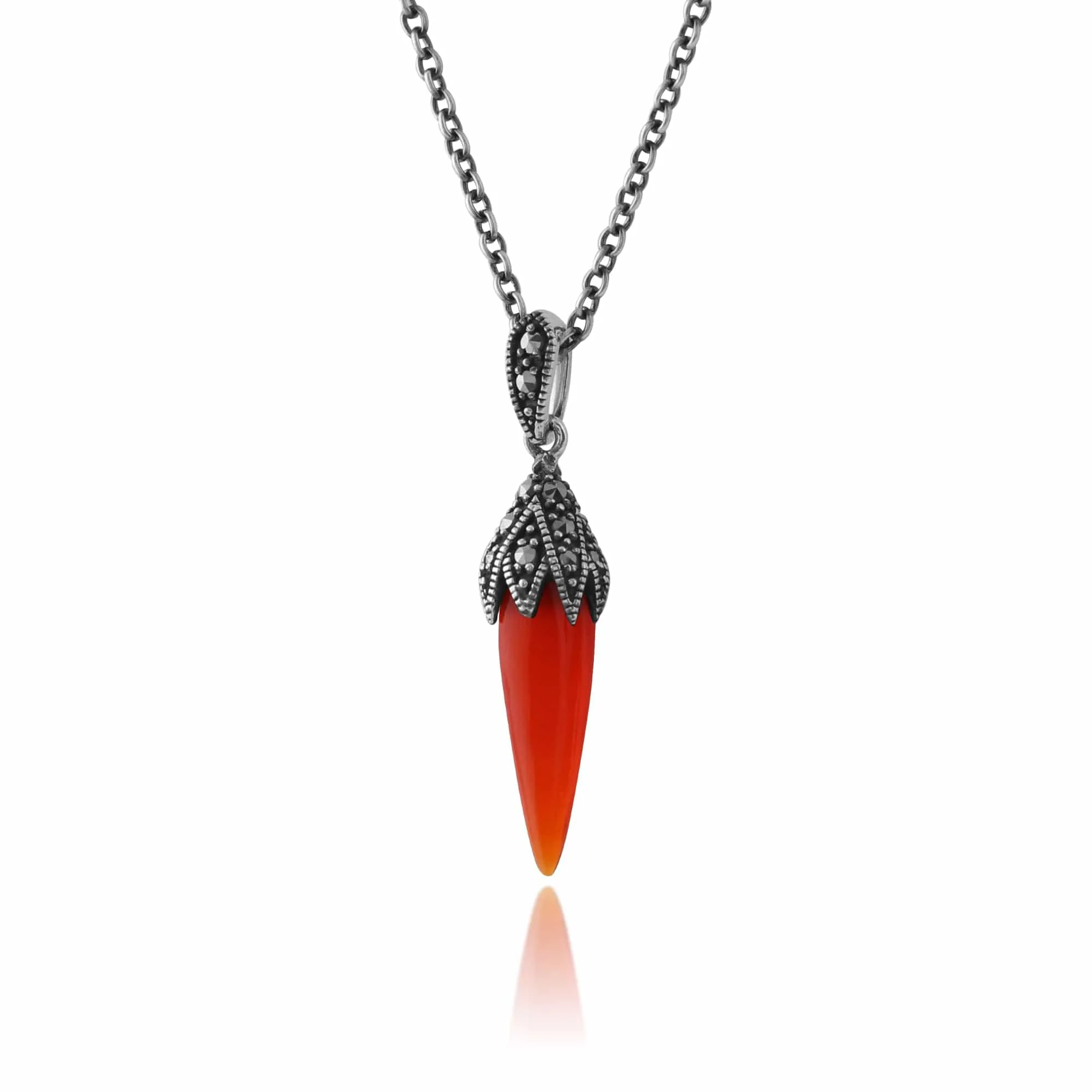 Art Deco Style Style Red Carnelian Cabochon & Marcasite Pointed Drop Earrings & Pendant Set in 925 Sterling Silver sold by Gemondo Jewellery product image thumbnail 5