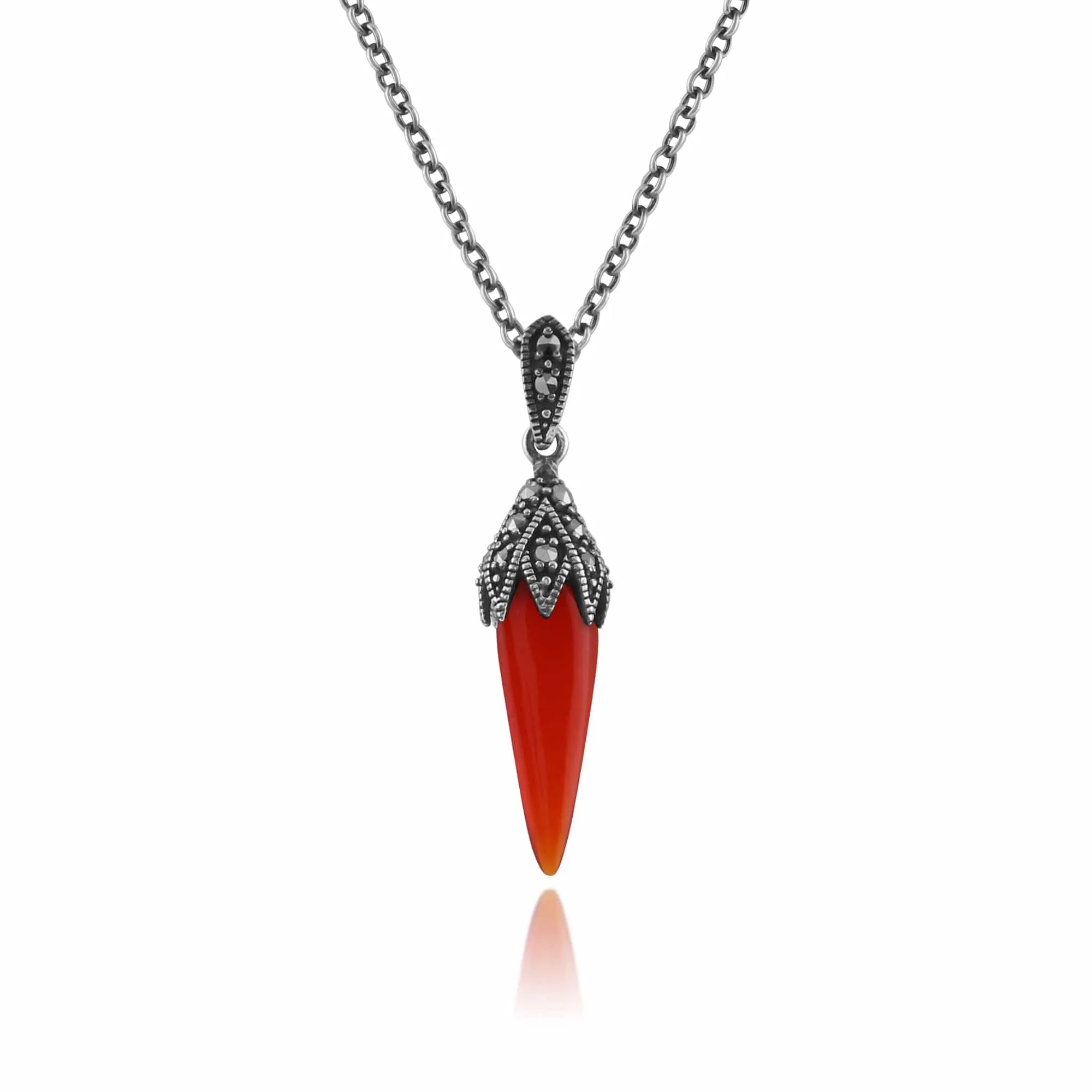 Art Deco Style Style Red Carnelian Cabochon & Marcasite Pointed Drop Earrings & Pendant Set in 925 Sterling Silver sold by Gemondo Jewellery product image thumbnail 4