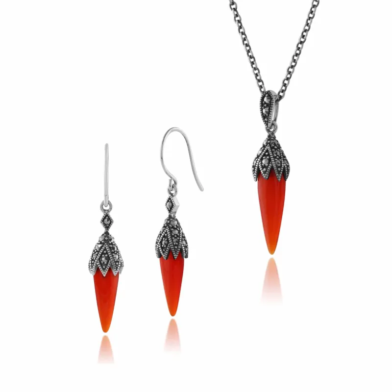 Art Deco Style Style Red Carnelian Cabochon & Marcasite Pointed Drop Earrings & Pendant Set in 925 Sterling Silver sold by Gemondo Jewellery