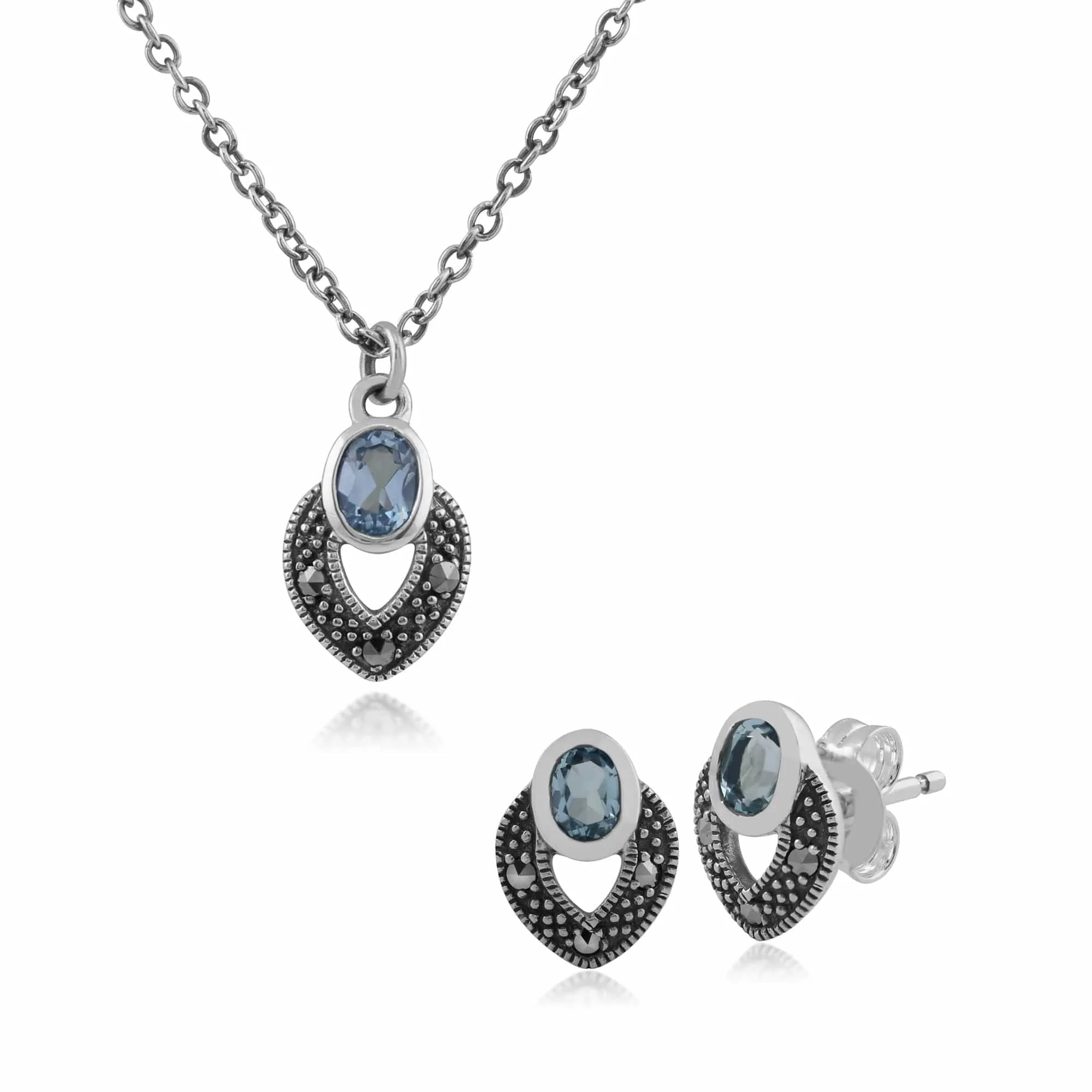 Art Deco Style Oval Blue Topaz & Marcasite Stud Earrings & Pendant Set in 925 Sterling Silver sold by Gemondo Jewellery