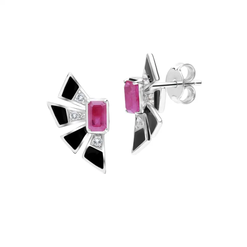Grand Deco Ruby & White Topaz Fan Earrings In Sterling Silver sold by Gemondo Jewellery