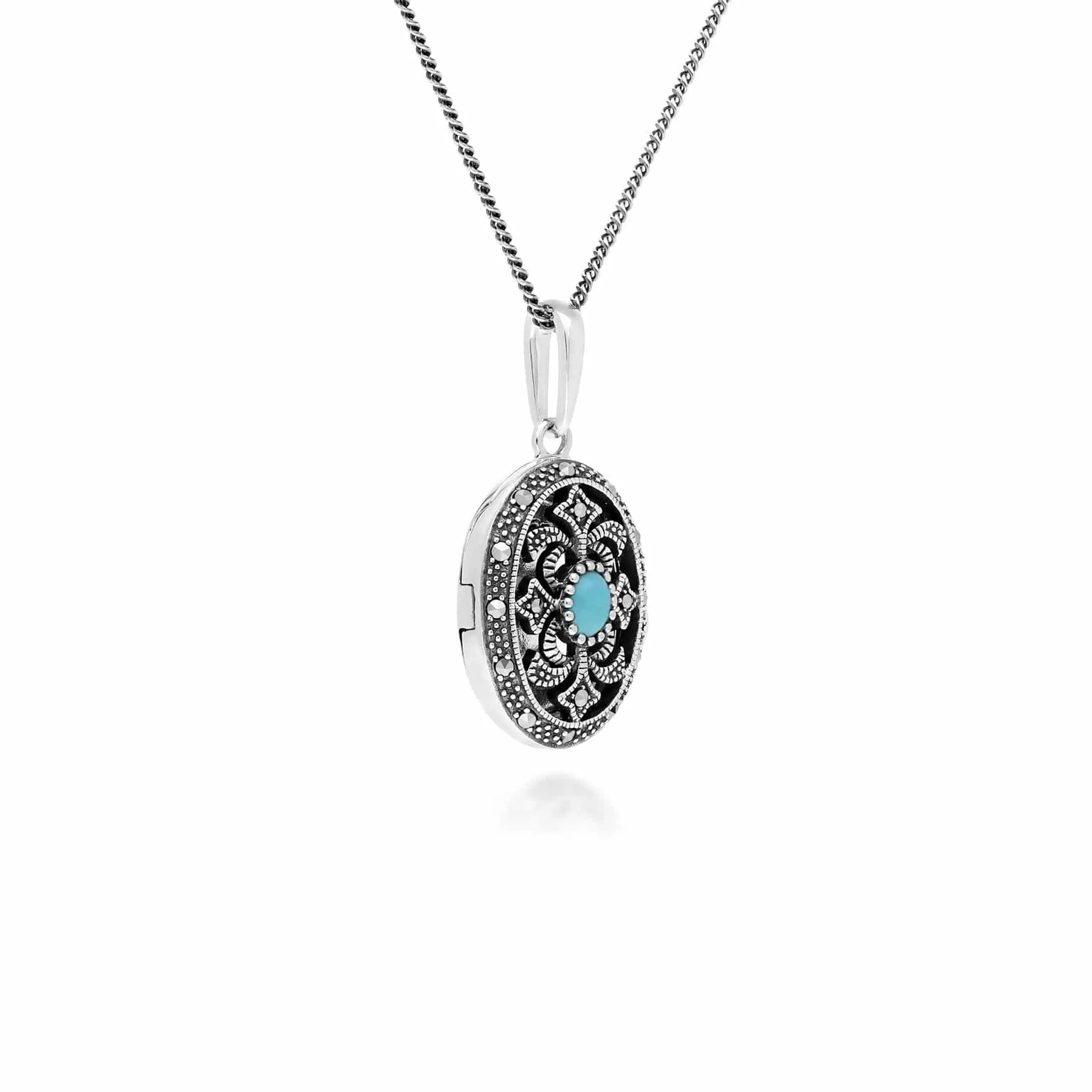 Art Nouveau Style Oval Turquoise & Marcasite Locket Necklace in 925 Sterling Silver sold by Gemondo Jewellery product image thumbnail 2
