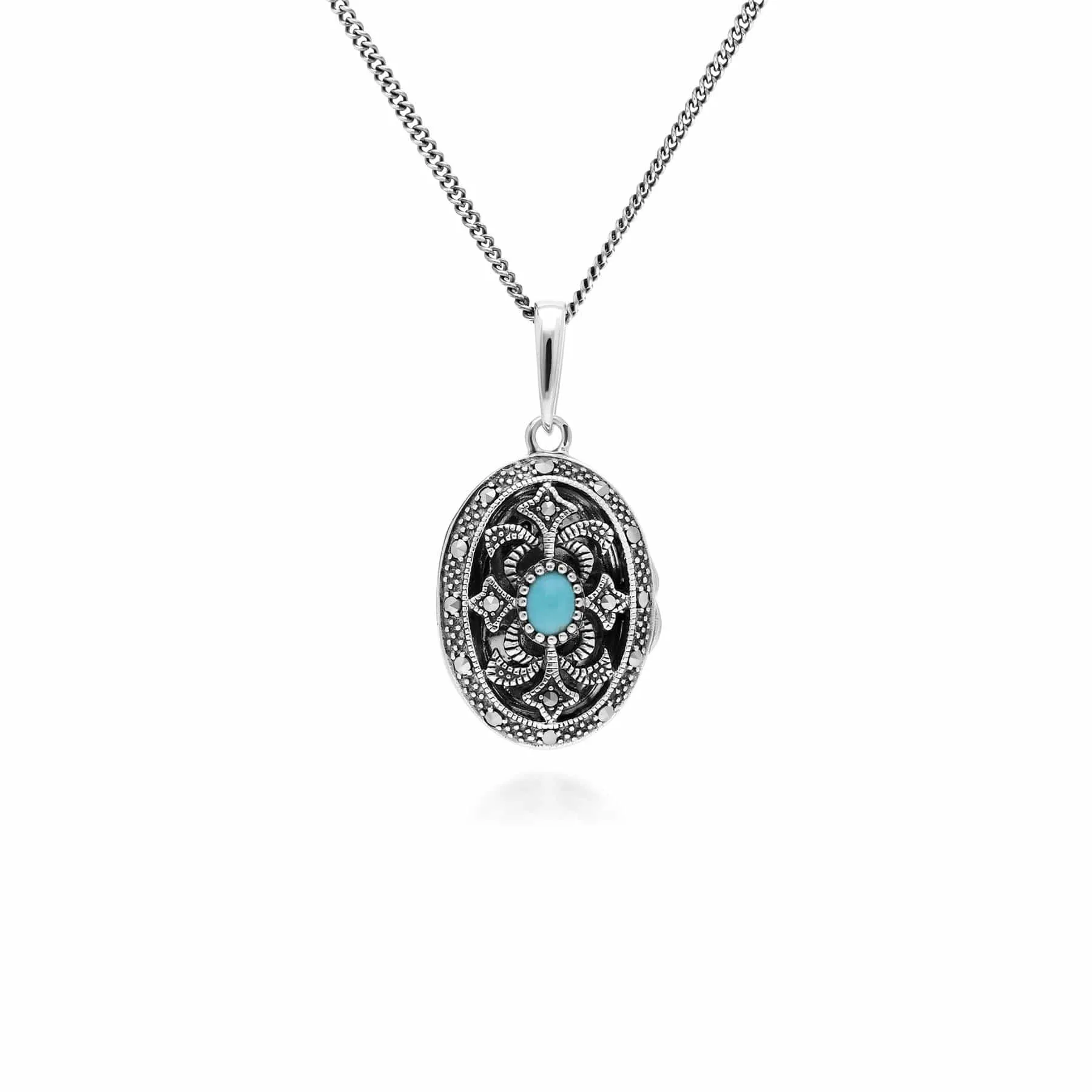 Art Nouveau Style Oval Turquoise & Marcasite Locket Necklace in 925 Sterling Silver sold by Gemondo Jewellery