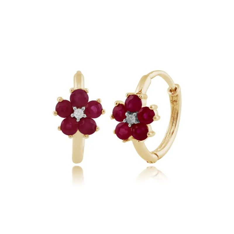 Floral Round Ruby & Diamond Hoop Earrings in 9ct Yellow Gold sold by Gemondo Jewellery