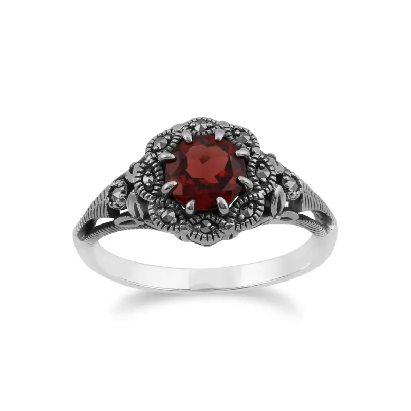 Art Nouveau Style Round Garnet & Marcasite Floral Ring in Sterling Silver sold by Gemondo Jewellery