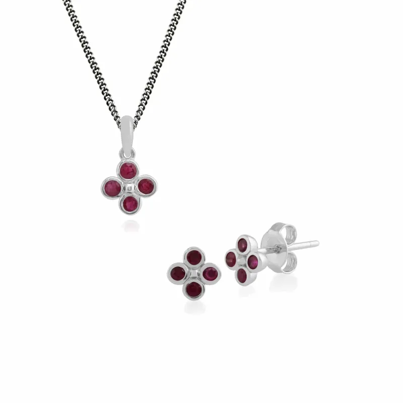 Floral Round Ruby Clover Stud Earrings & Pendant Set in 925 Sterling Silver sold by Gemondo Jewellery