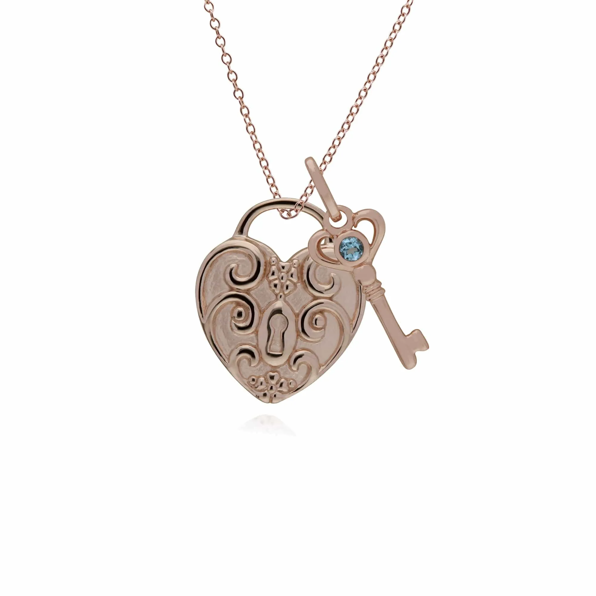 Classic Swirl Heart Lock Pendant & Blue Topaz Key Charm in Rose Gold Plated 925 Sterling Silver sold by Gemondo Jewellery