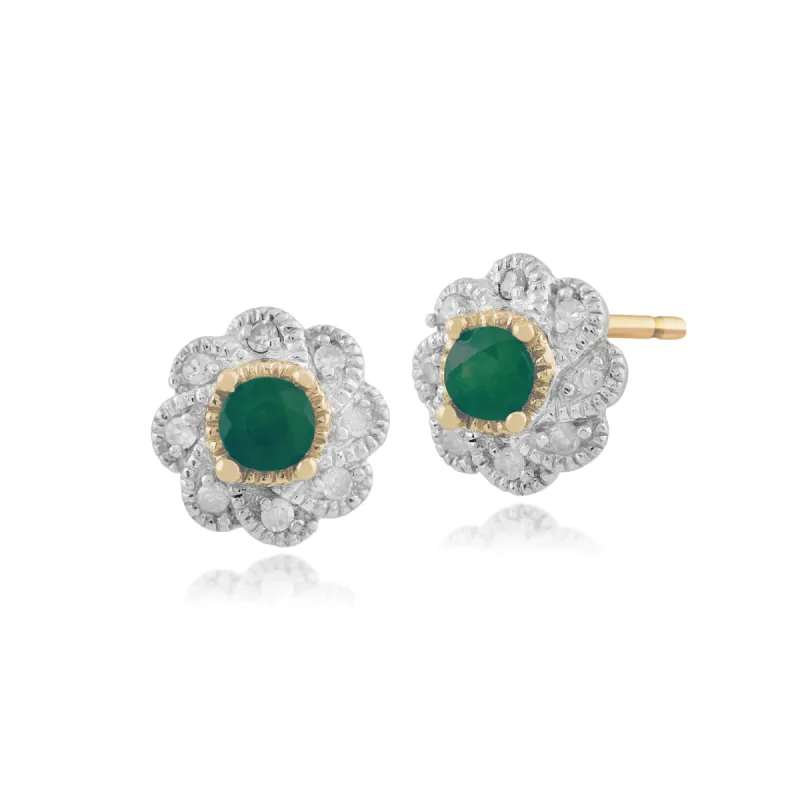 Gemondo 9ct Yellow Gold 0.22ct Emerald & Diamond Floral Stud Earrings sold by Gemondo Jewellery