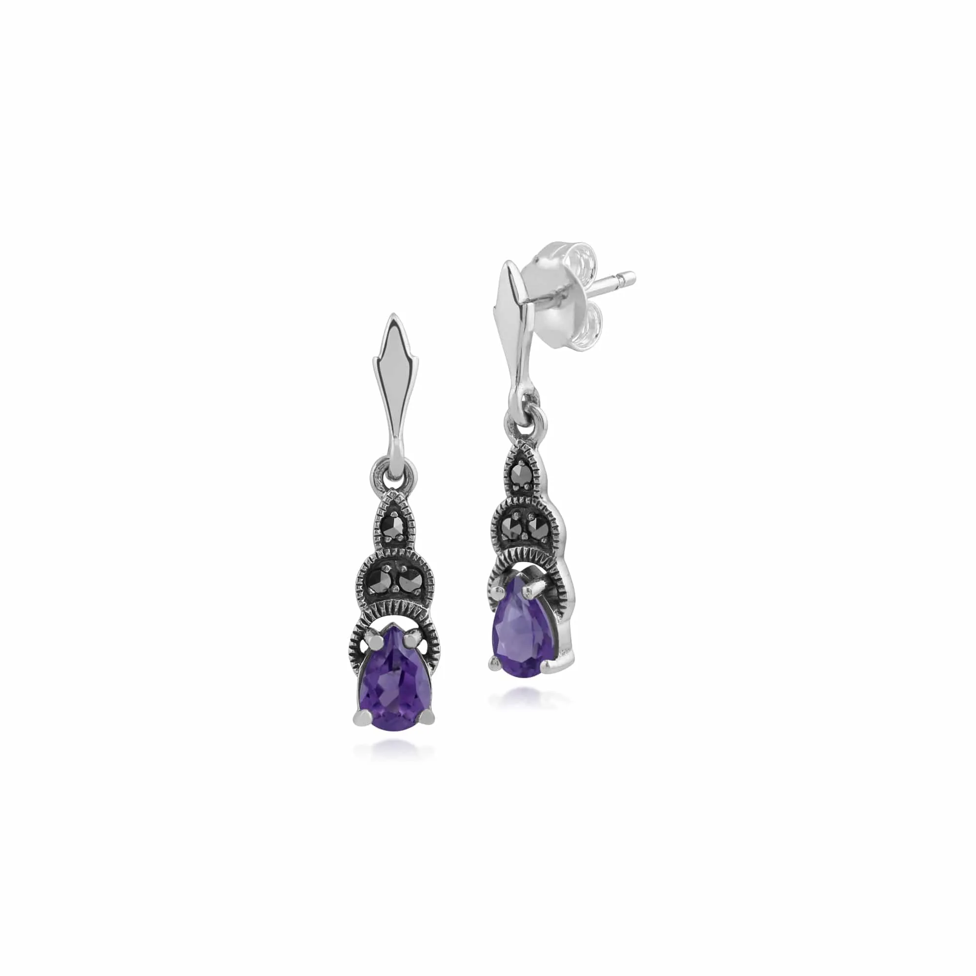 Art Deco Style Pear Amethyst & Marcasite Drop Earrings in 925 Sterling Silver sold by Gemondo Jewellery