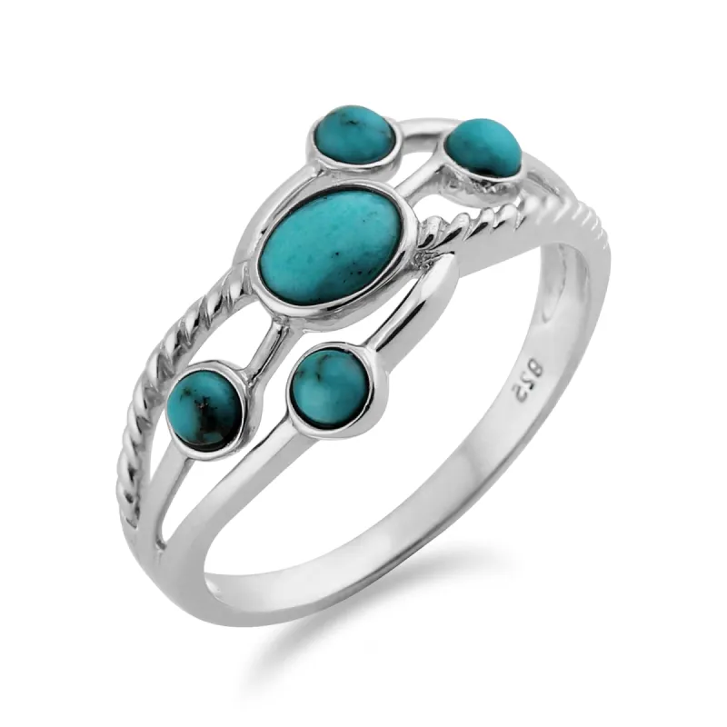 Contemporary Oval Turquoise Cabochon Five Stone Ring in 925 Sterling Silver sold by Gemondo Jewellery