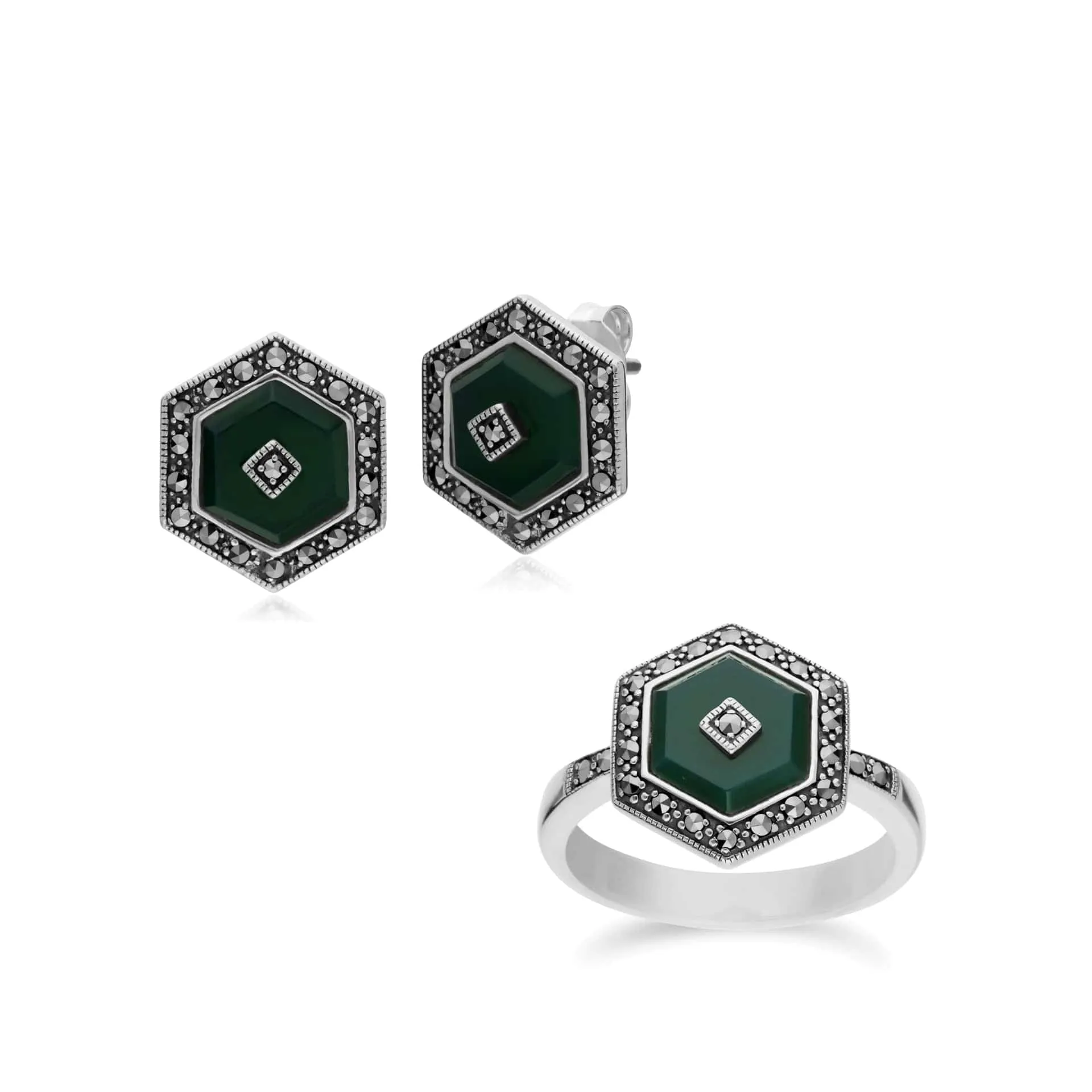 Art Deco Style Dyed Chalcedony and Marcasite Hexagon Stud Earrings & Ring Set in 925 Sterling Silver sold by Gemondo Jewellery