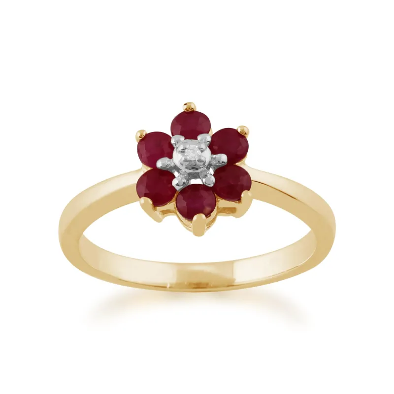 Floral Round Ruby & Diamond Cluster Ring in 9ct Yellow Gold sold by Gemondo Jewellery