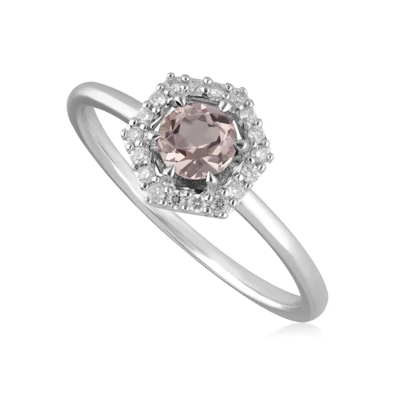 9ct White Gold 0.378ct Morganite & Diamond Halo Engagement Ring sold by Gemondo Jewellery