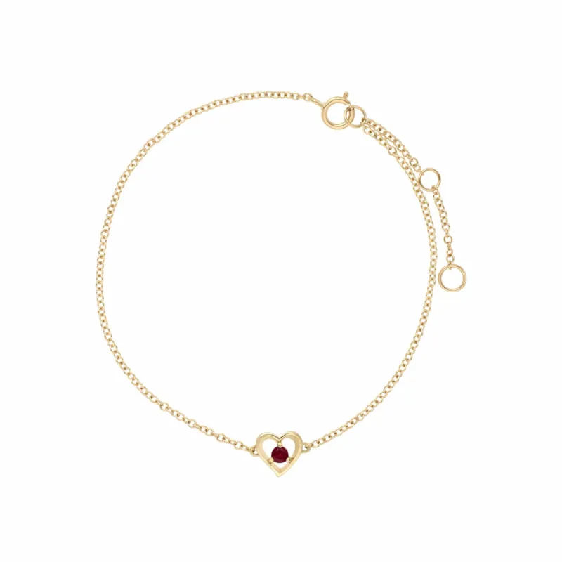 Classic Single Stone Round Ruby Love Heart Bracelet in 9ct Yellow Gold sold by Gemondo Jewellery