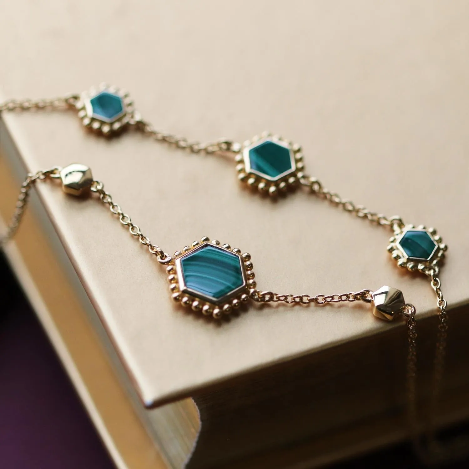 Malachite Flat Slice Hex Chain Bracelet in Gold Plated Silver sold by Gemondo Jewellery product image thumbnail 3