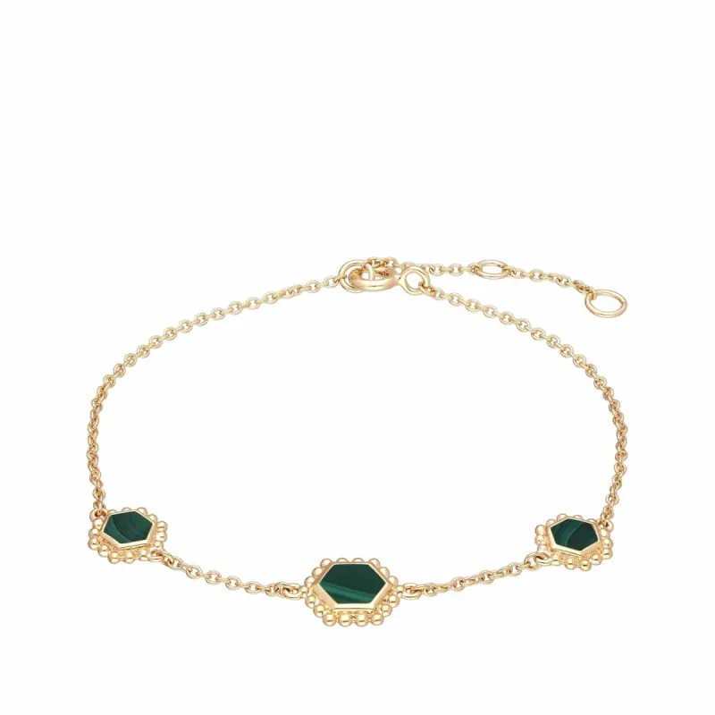 Malachite Flat Slice Hex Chain Bracelet in Gold Plated Silver sold by Gemondo Jewellery