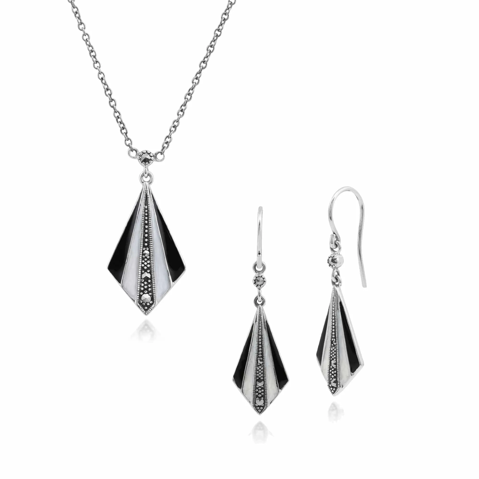 Art Deco Style Enamel & Marcasite Fan Drop Earrings & Necklace Set sold by Gemondo Jewellery