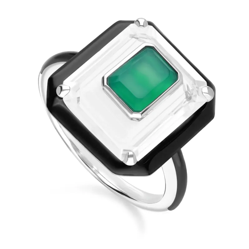Grand Deco Rock Crystal, Chalcedony & Enamel Statement Ring In Sterling Silver sold by Gemondo Jewellery