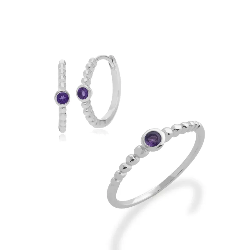 Essential Round Amethyst Hoop Earrings & Ring Set in 925 Sterling Silver sold by Gemondo Jewellery