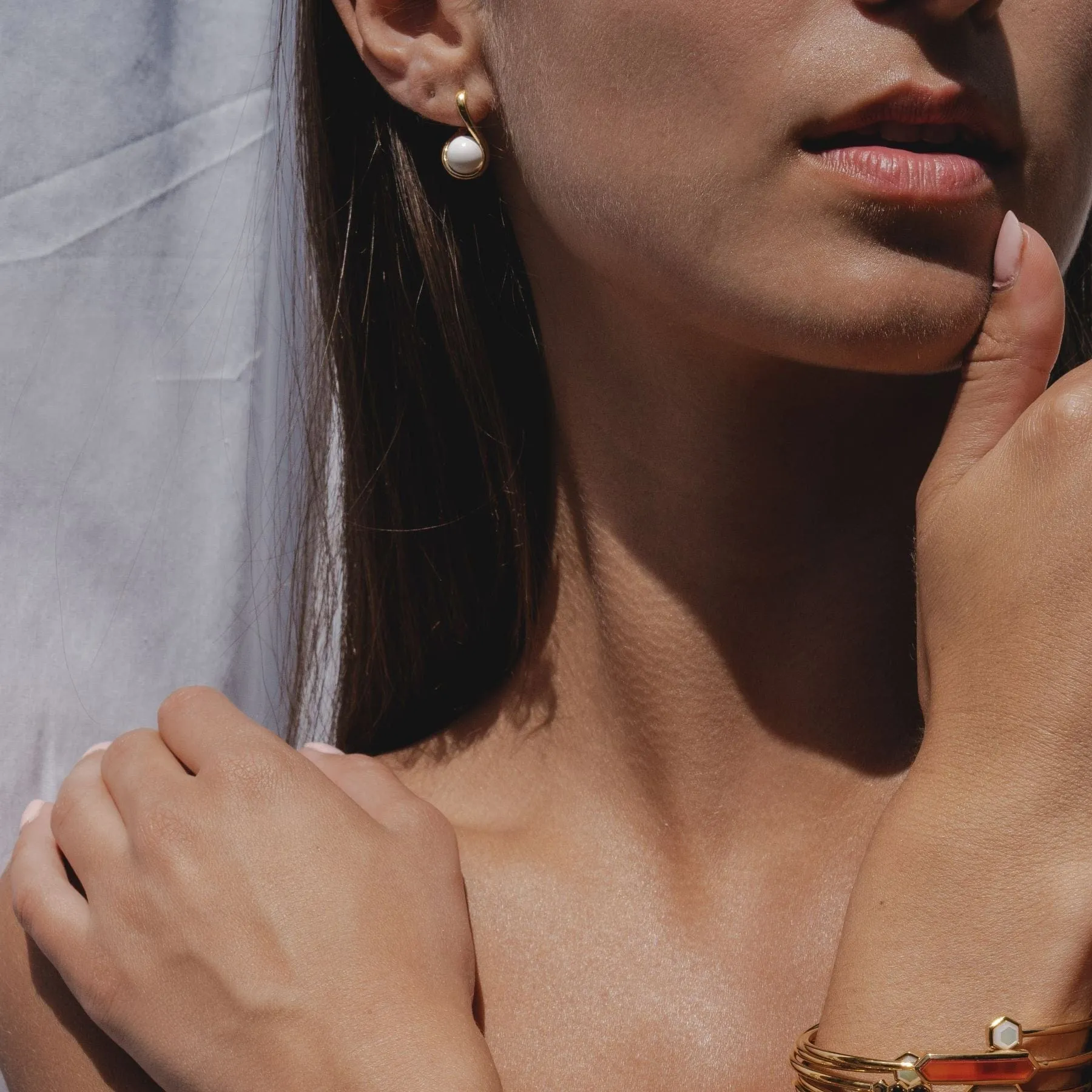 Kosmos White Agate Orb Earrings in Yellow Gold Plated Sterling Silver sold by Gemondo Jewellery product image thumbnail 2