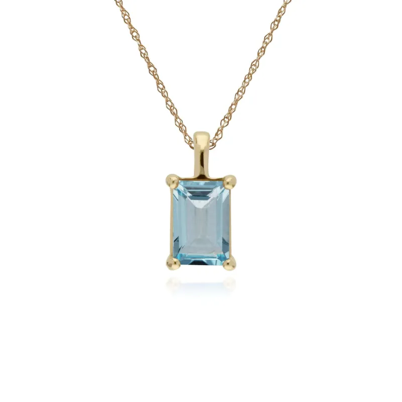 Classic Baguette Blue Topaz Claw Set Pendant in 9ct Yellow Gold made by Gemondo Jewellery