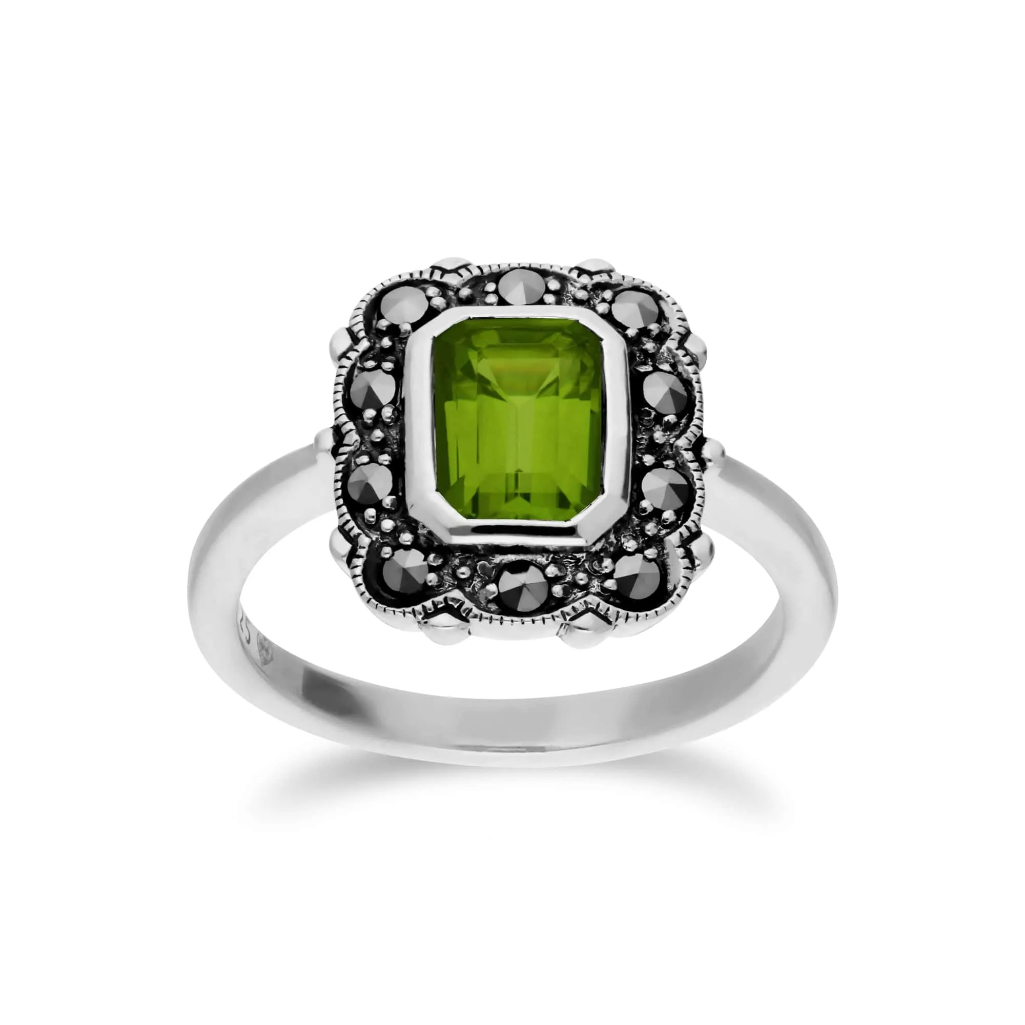 Art Nouveau Style Octagon Peridot & Marcasite Border Ring in 925 Sterling Silver sold by Gemondo Jewellery
