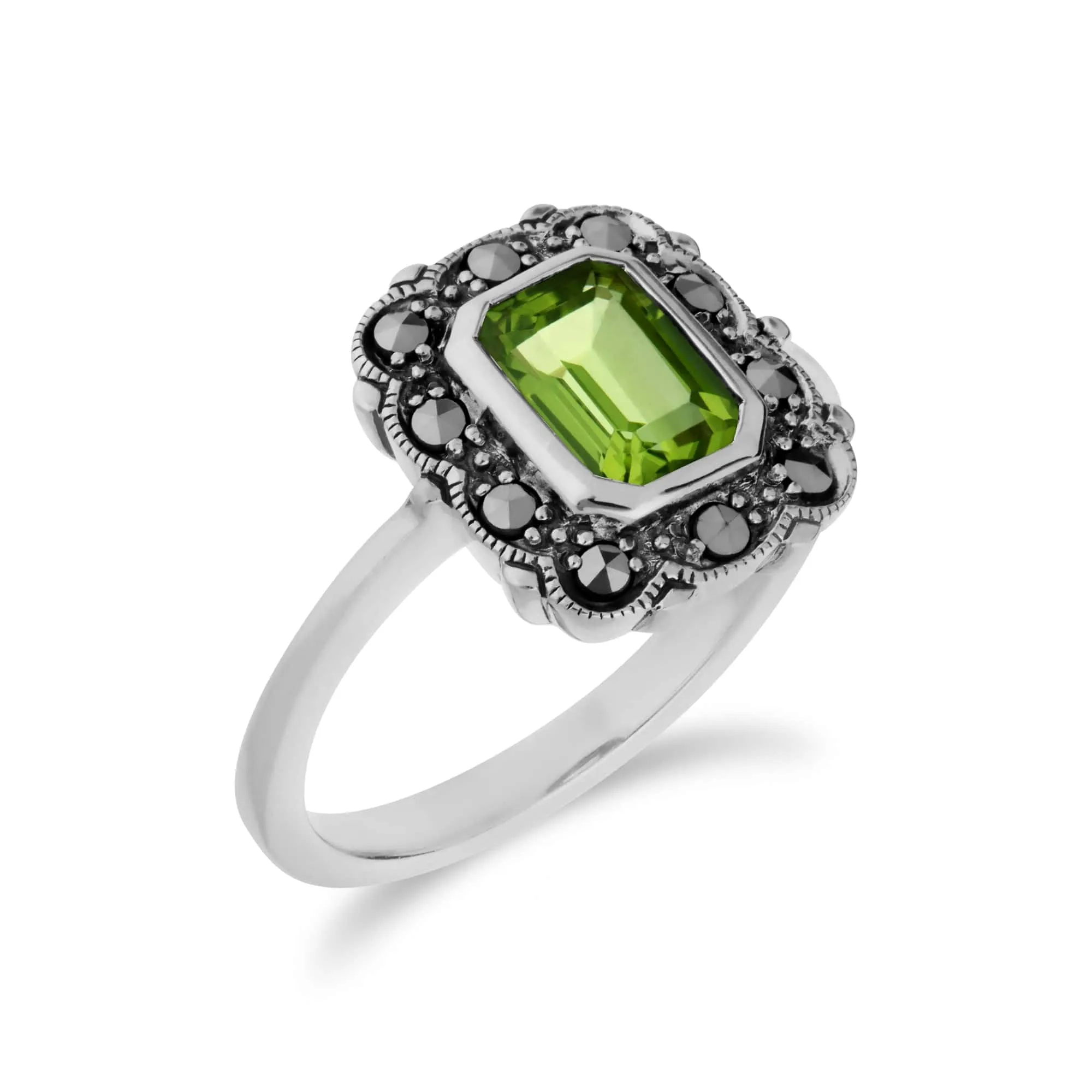 Art Nouveau Style Octagon Peridot & Marcasite Border Ring in 925 Sterling Silver sold by Gemondo Jewellery product image thumbnail 2