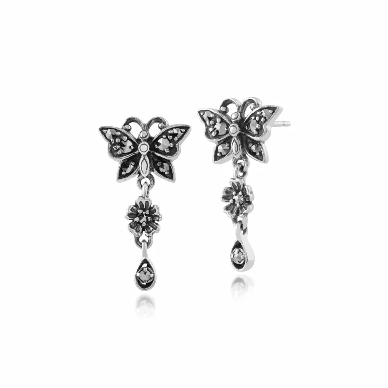 Art Nouveau Style Round Marcasite Butterfly Drop Earrings in 925 Sterling Silver sold by Gemondo Jewellery