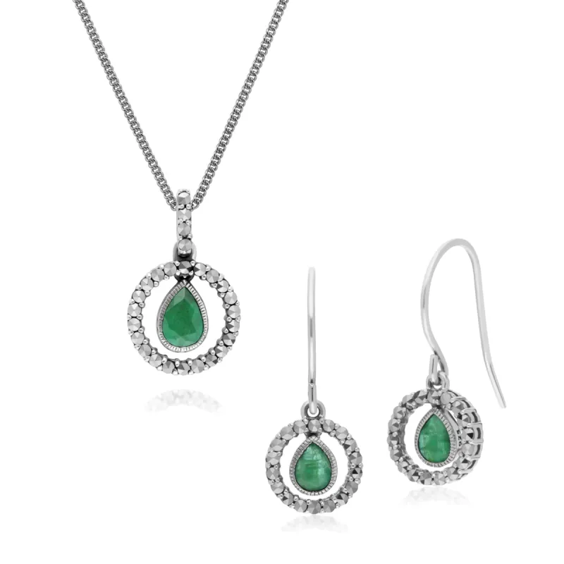 Classic Tear Drop Emerald & Marcasite Drop Earrings & 45cm Necklace Set sold by Gemondo Jewellery
