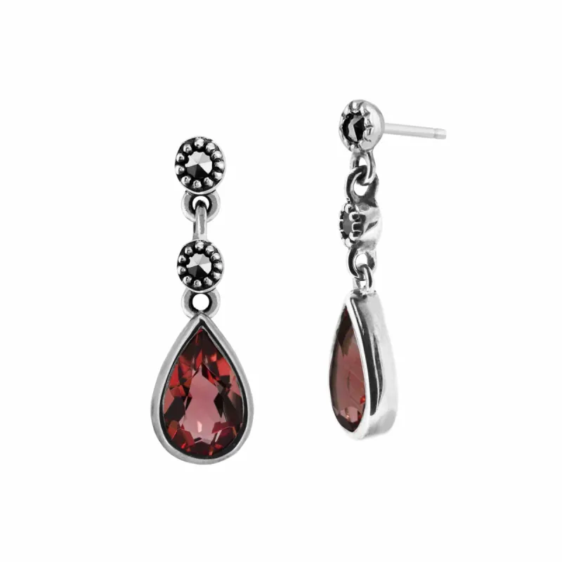 Gemondo Sterling Silver Garnet & Marcasite Three Stone Drop Earrings sold by Gemondo Jewellery