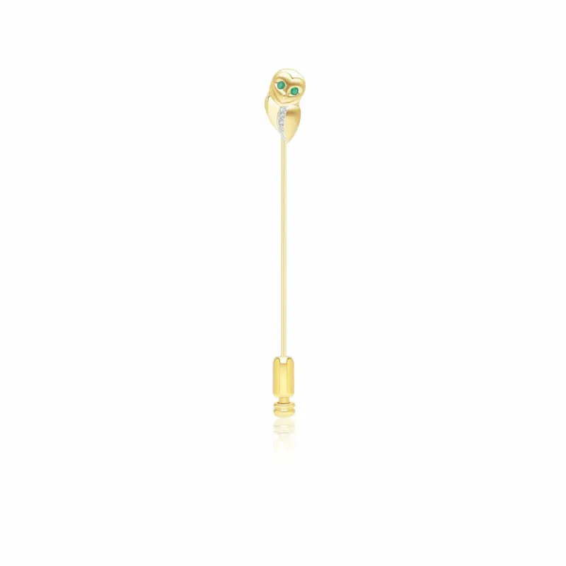 Gardenia Emerald and White Sapphire Owl Lapel Pin in 9ct Yellow Gold sold by Gemondo Jewellery
