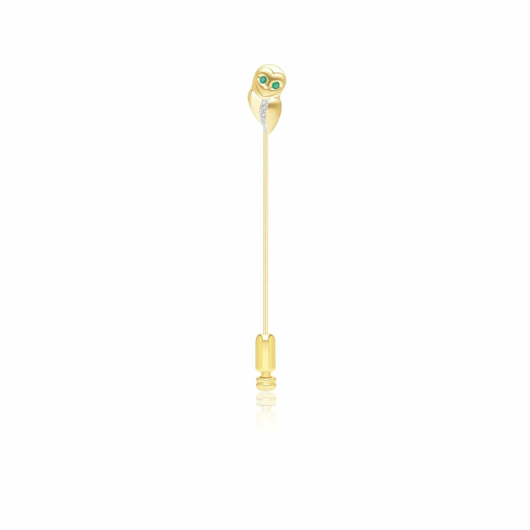 Gardenia Emerald and White Sapphire Owl Lapel Pin in 9ct Yellow Gold sold by Gemondo Jewellery