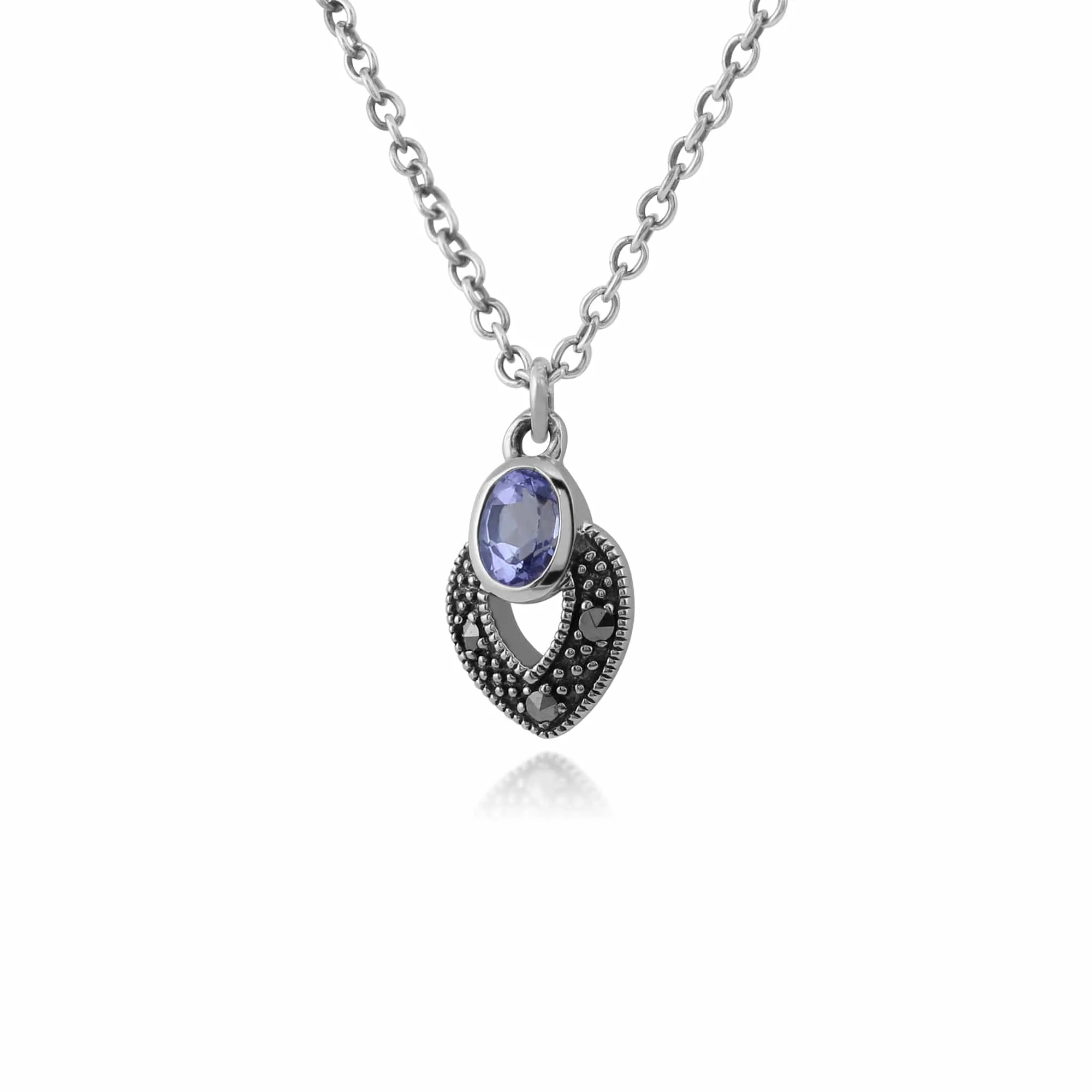 Art Deco Style Oval Tanzanite & Marcasite Necklace in 925 Sterling Silver sold by Gemondo Jewellery product image thumbnail 2