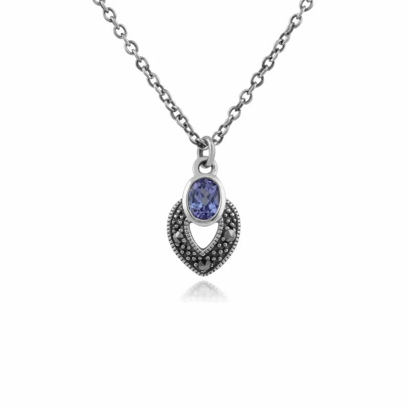 Art Deco Style Oval Tanzanite & Marcasite Necklace in 925 Sterling Silver sold by Gemondo Jewellery