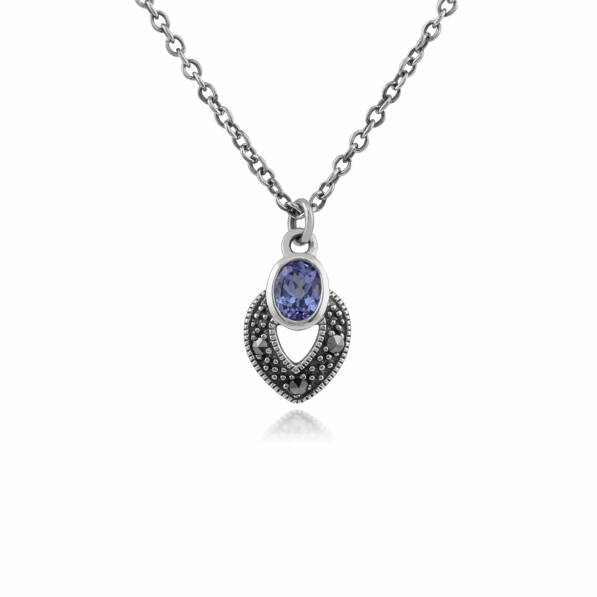 Art Deco Style Oval Tanzanite & Marcasite Necklace in 925 Sterling Silver sold by Gemondo Jewellery
