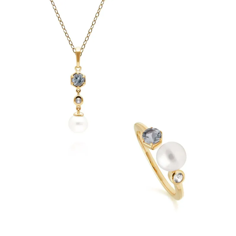 Modern Pearl, Topaz & Aquamarine Ring & Pendant Set in Gold Plated Silver sold by Gemondo Jewellery