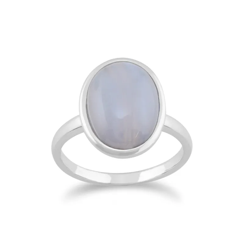 Classic Oval Blue Lace Agate Bezel Set Cocktail Ring in 925 Sterling Silver sold by Gemondo Jewellery