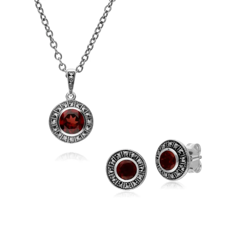 Art Deco Style Round Garnet and Marcasite Cluster Stud Earrings & Pendant Set in 925 Sterling Silver sold by Gemondo Jewellery