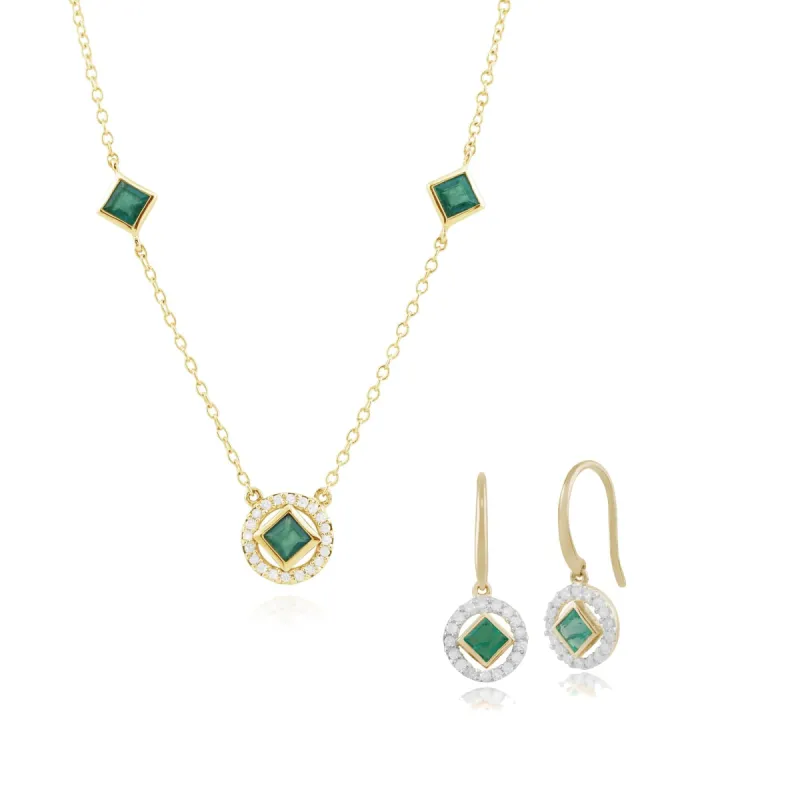 Geometric Square Emerald & Diamond Drop Earrings & Necklace Set in 9ct Yellow Gold sold by Gemondo Jewellery