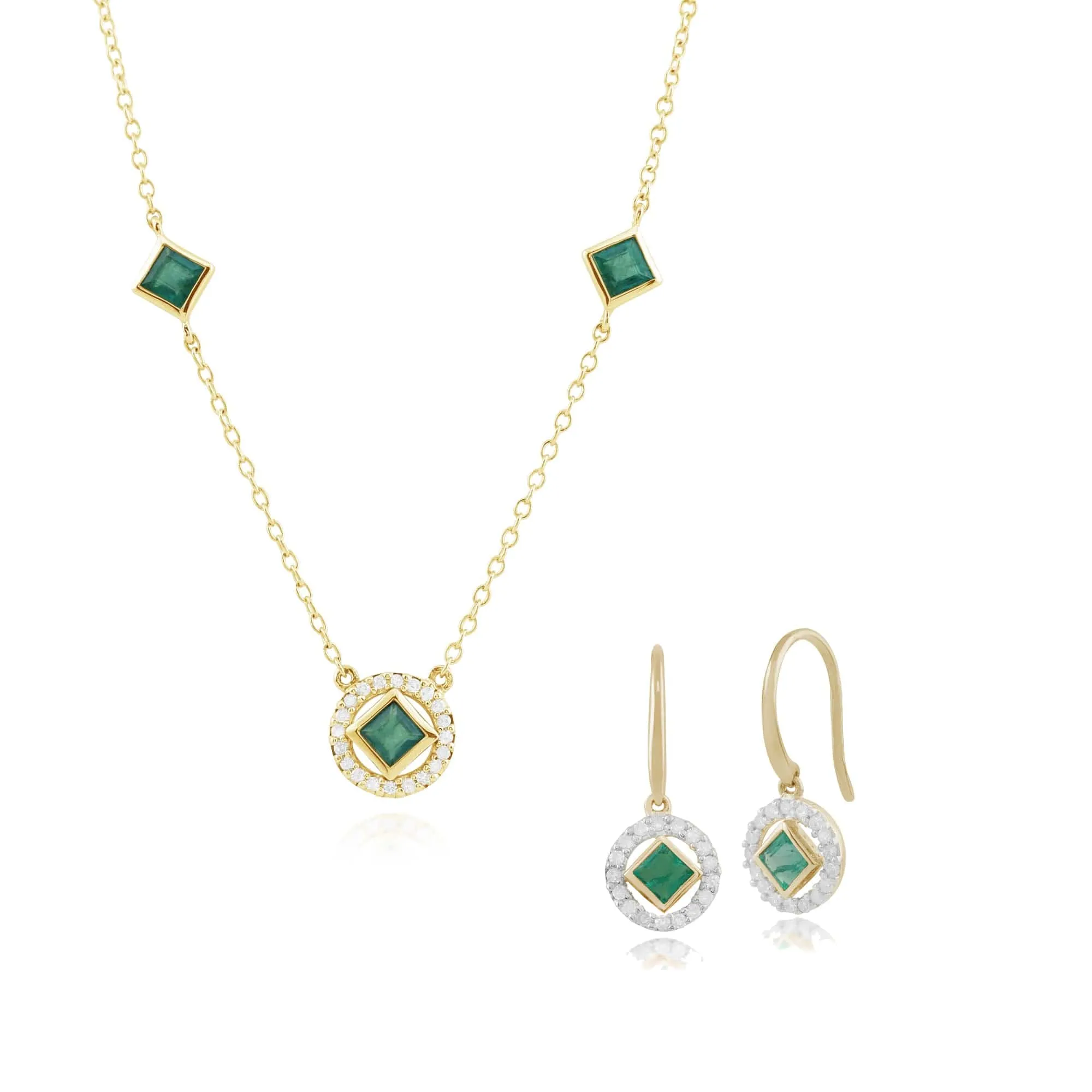 Geometric Square Emerald & Diamond Drop Earrings & Necklace Set in 9ct Yellow Gold sold by Gemondo Jewellery