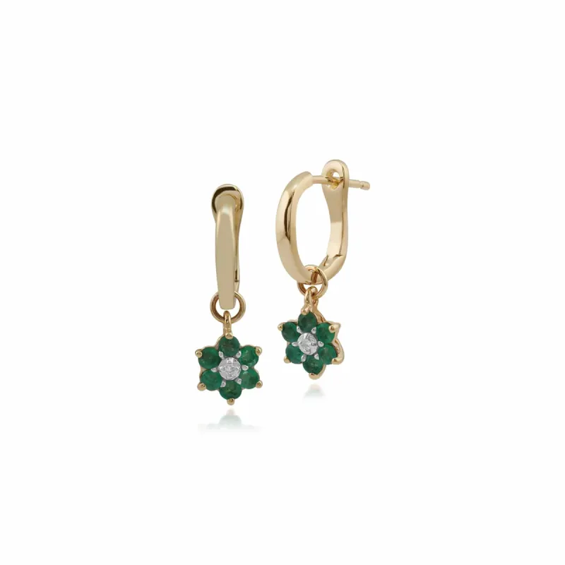 Floral Round Emerald & Diamond Omega Clip Hoop Earrings in 9ct Yellow Gold sold by Gemondo Jewellery