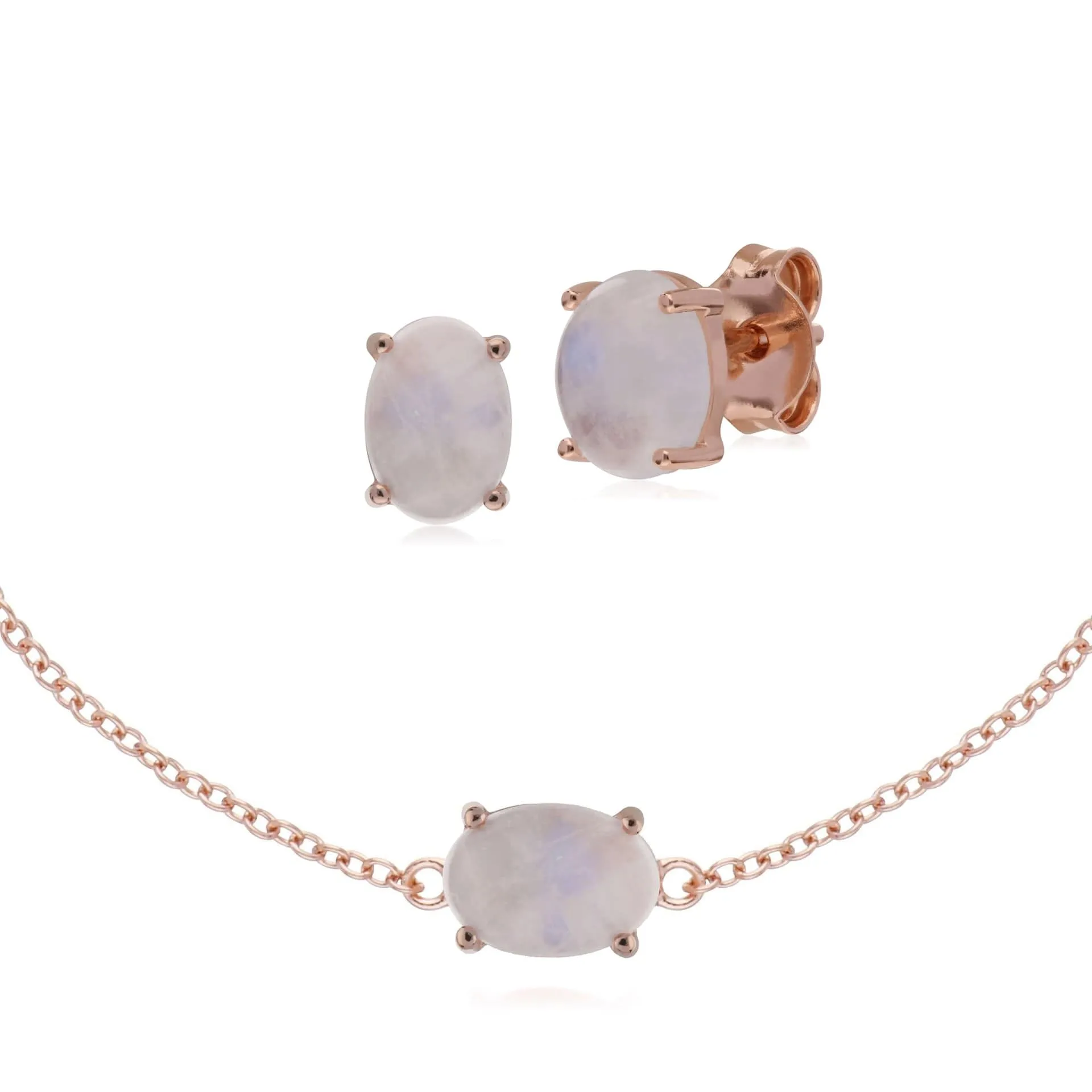 Classic Oval Rainbow Moonstone Stud Earrings & Bracelet Set in Rose Gold Plated 925 Sterling Silver sold by Gemondo Jewellery