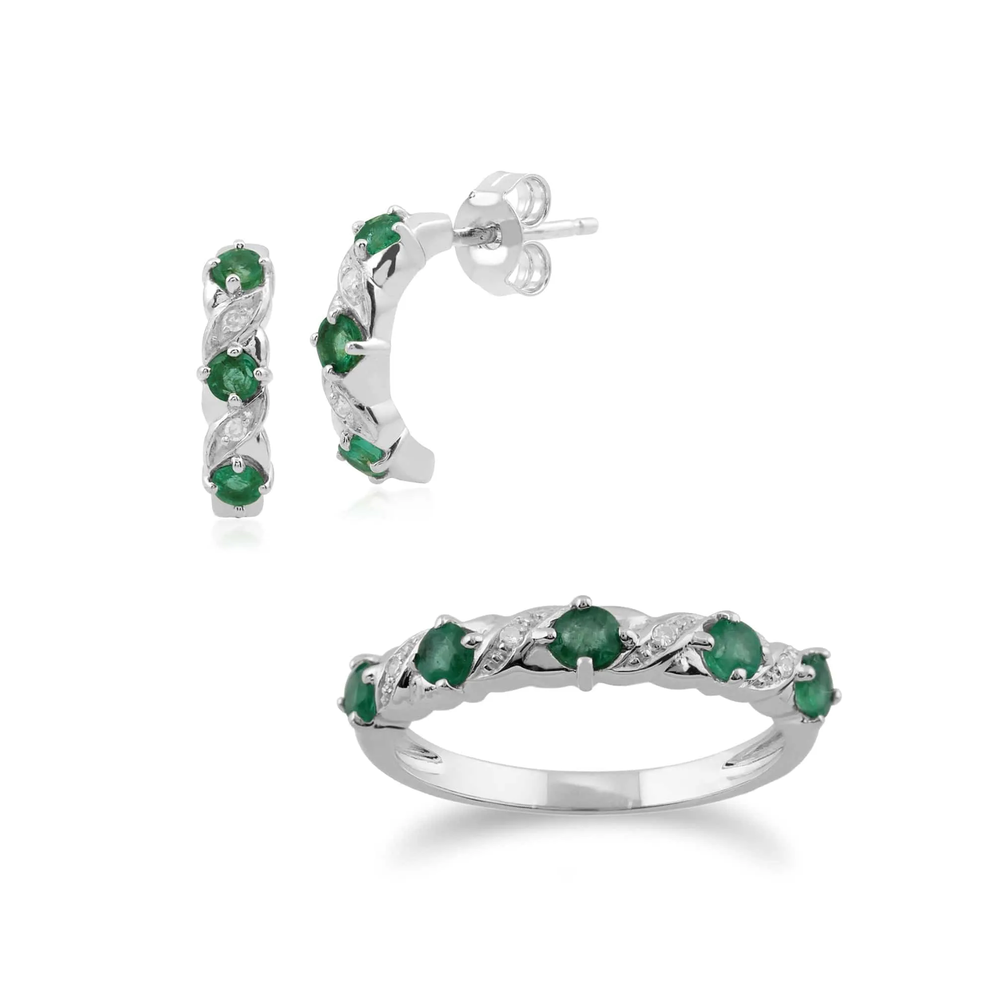 Classic Round Emerald & Diamond Half Hoop Earrings & Half Eternity Ring Set in 9ct White Gold sold by Gemondo Jewellery
