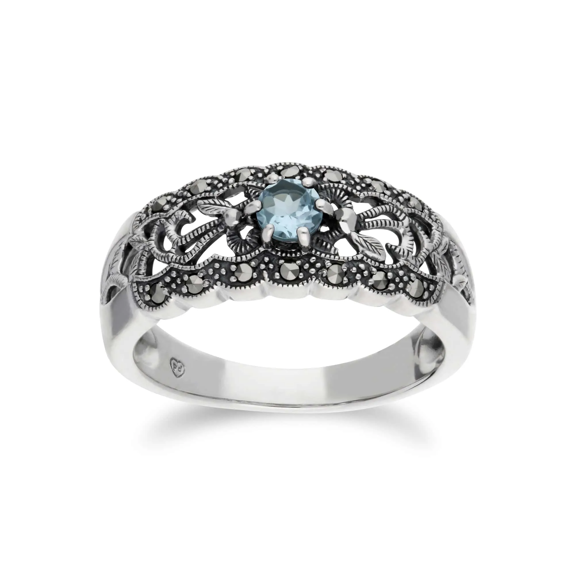 Art Nouveau Style Round Blue Topaz & Marcasite Floral Band Ring in Sterling Silver sold by Gemondo Jewellery
