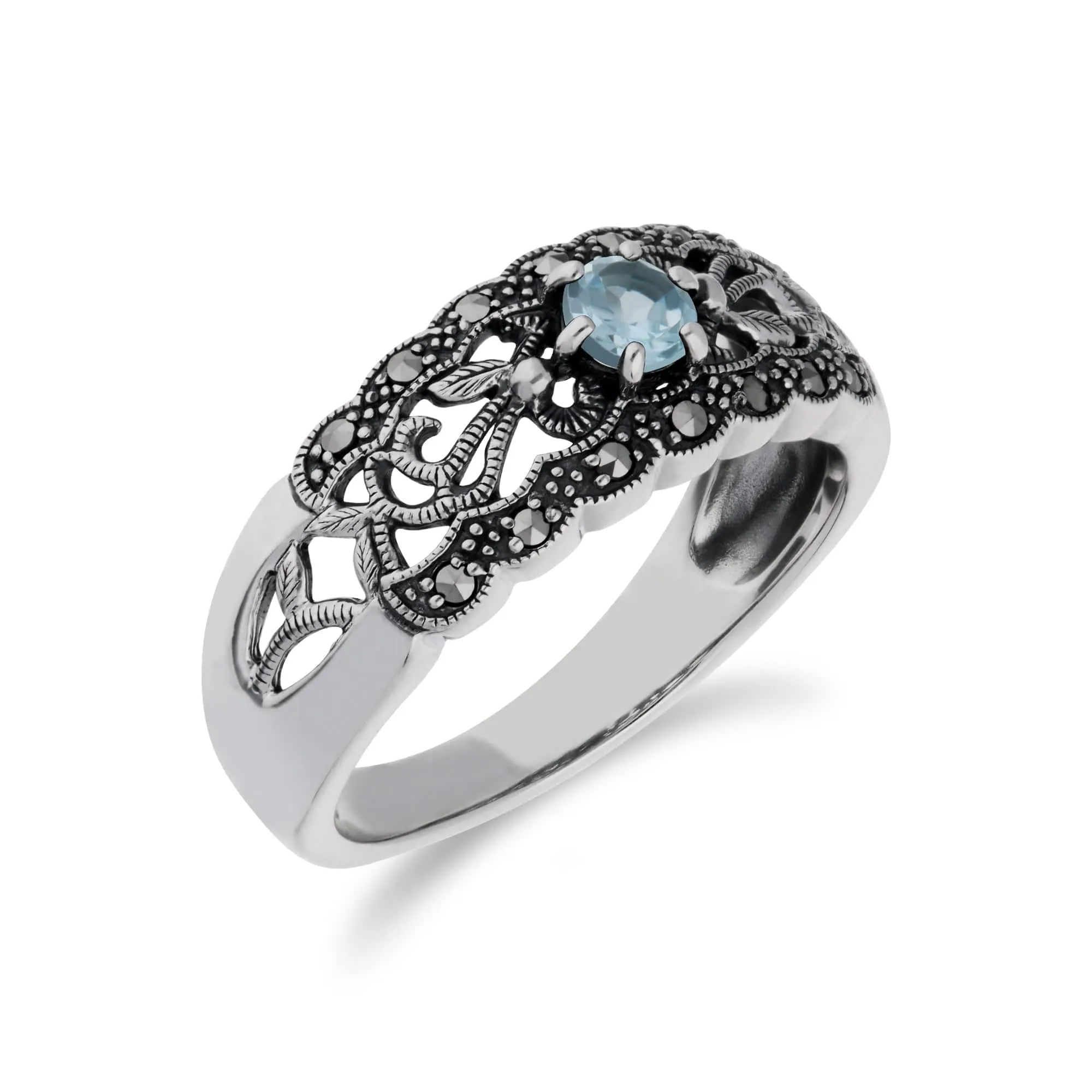 Art Nouveau Style Round Blue Topaz & Marcasite Floral Band Ring in Sterling Silver sold by Gemondo Jewellery product image thumbnail 3