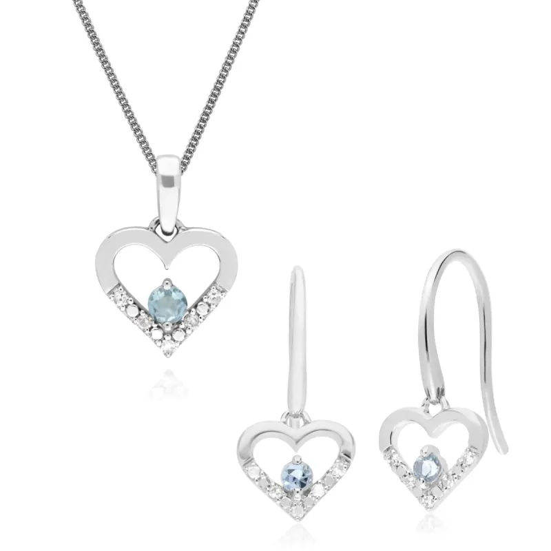 Classic Round Aquamarine & Diamond Heart Drop Earrings & Pendant Set in 9ct White Gold sold by Gemondo Jewellery