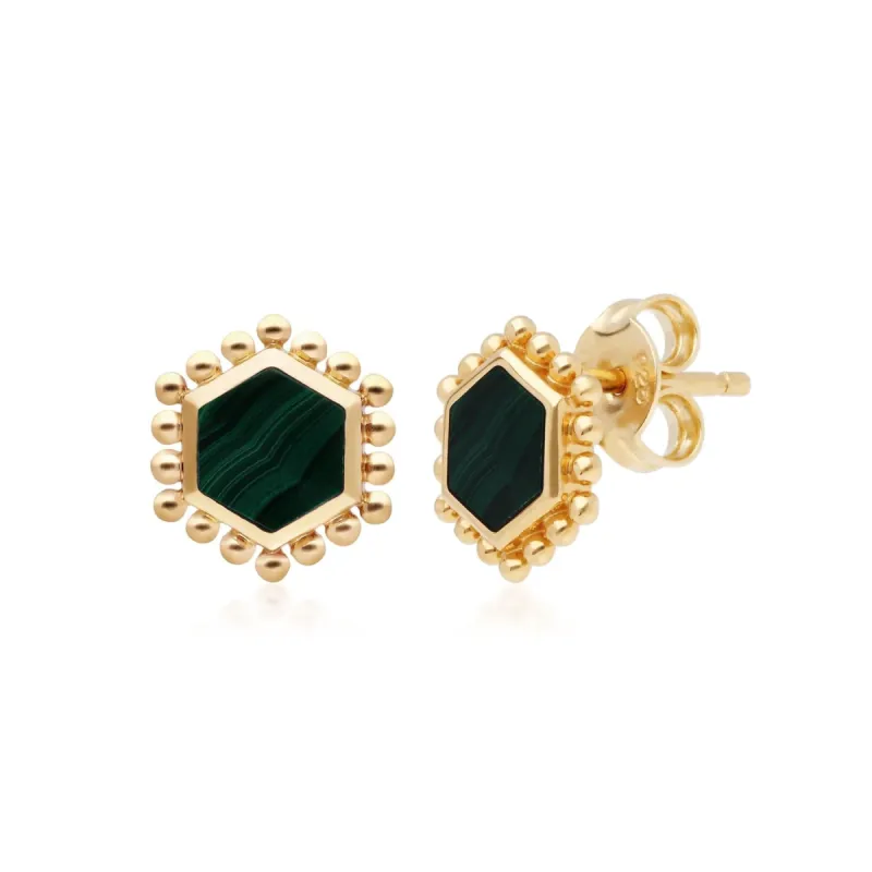 Malachite Flat Slice Stud Earrings in Gold Plated Sterling Silver sold by Gemondo Jewellery