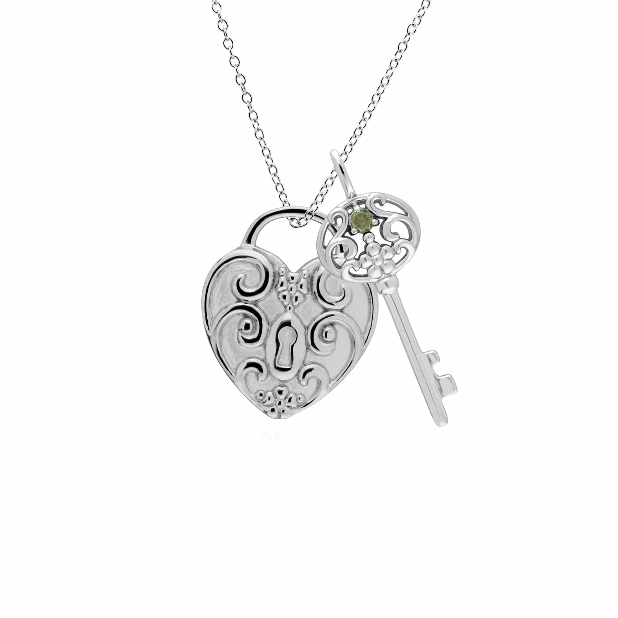 Classic Swirl Heart Lock Pendant & Peridot Big Key Charm in 925 Sterling Silver sold by Gemondo Jewellery